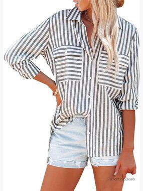 50% Cotton 50% Rayon Striped Button Down Shirt with Pockets